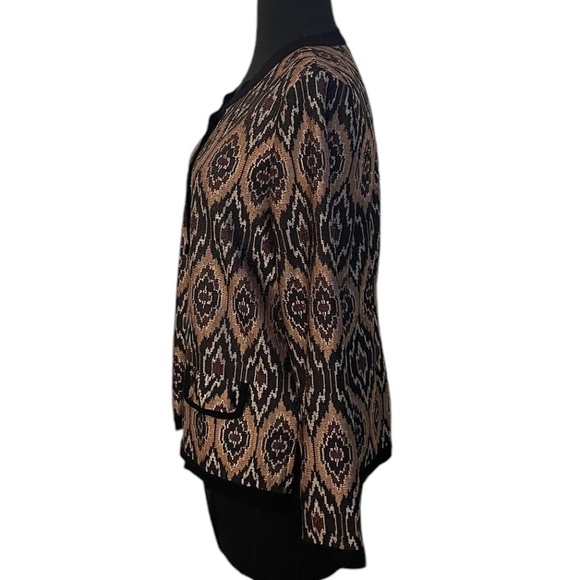Exclusively Misook Knit Cardigan Sweater Gold Black Ikat Print Button Front Med - Picture 4 of 10